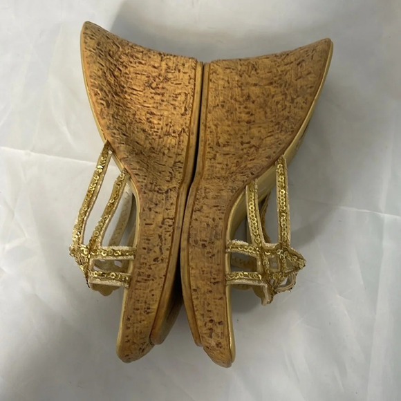 VINTAGE Y2K Platform Gold Sequin Baldwin 725 Original Wedge Open Toe Slides 6 - Picture 3 of 12